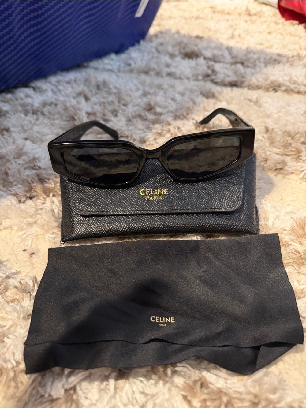 Celine Black Rectangular Sunglasses with Branded Case and Cloth